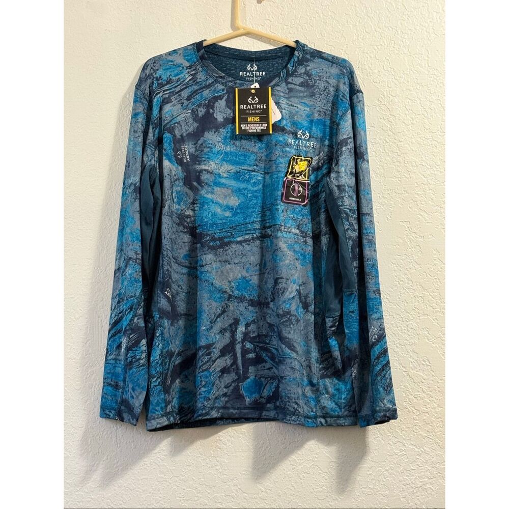 Realtree Aspect Fishing Backpaddle Shirt Men Blue Reversible UPF 30 Size L NWT